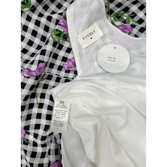 Everly‎ Black White Check Purple Flowers Spring Easter Sleeveless Swing Dress - Picture 6 of 6